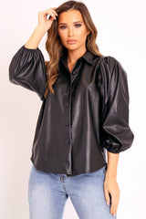 Black Faux Leather Puff Sleeve Shirt - Candace-Shirts