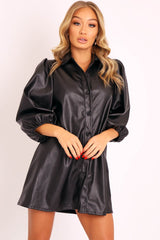 Black Faux Leather Puff Sleeve Shirt Dress - Fizza-Dresses