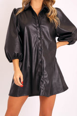 Black Faux Leather Puff Sleeve Shirt Dress - Fizza-Dresses