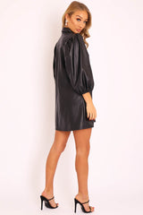 Black Faux Leather Puff Sleeve Shirt Dress - Fizza-Dresses