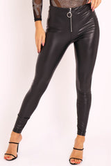 Black Faux Leather Ring Zip Leggings - Griffin-Leggings