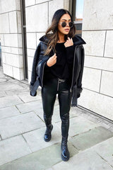 Black Faux Leather Ring Zip Leggings - Griffin-Leggings