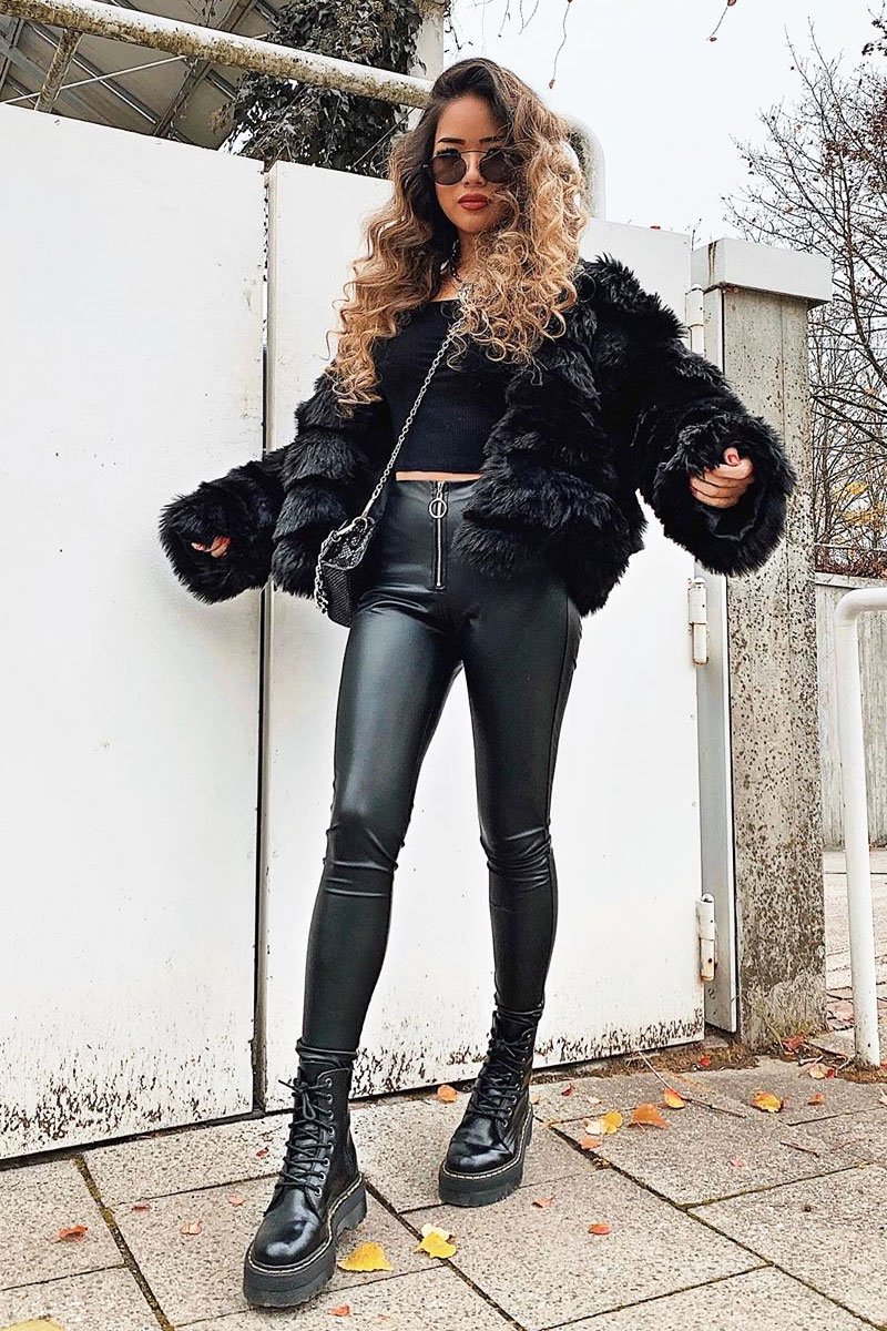 Black Faux Leather Ring Zip Leggings - Griffin-Leggings