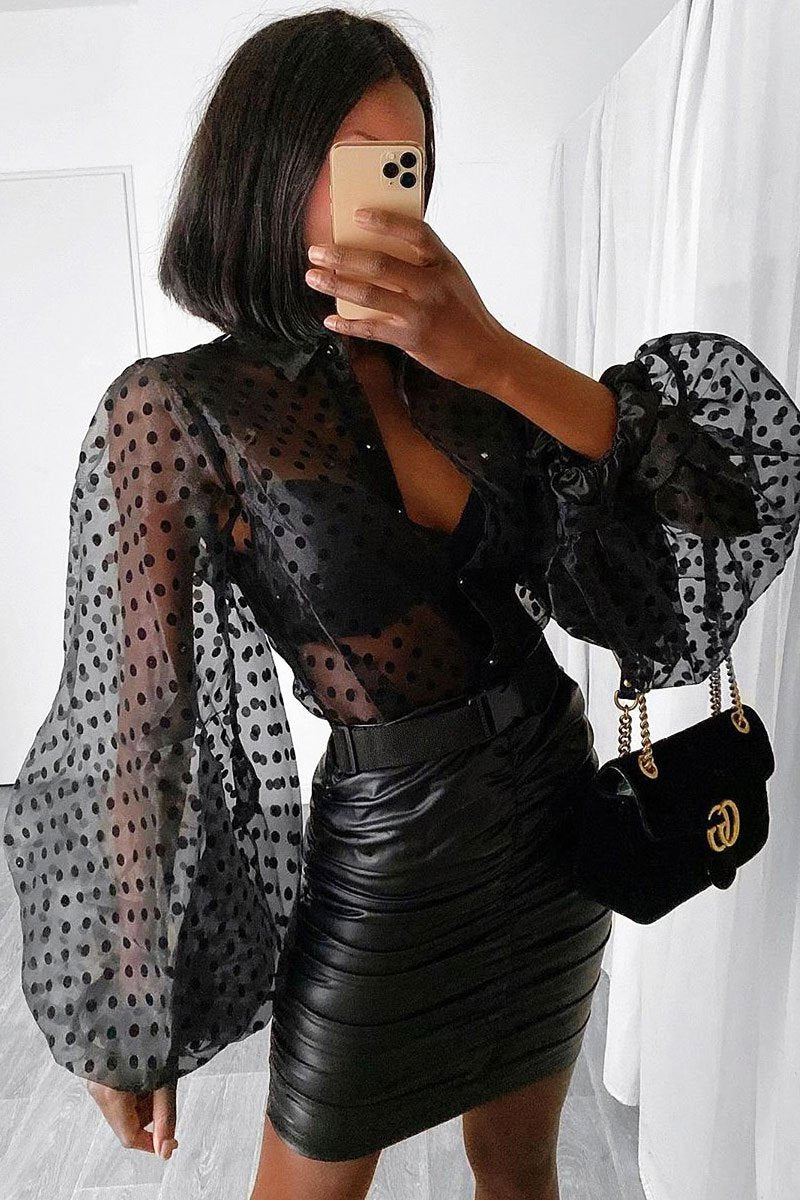 Black Faux Leather Ruched Skirt - Bayler-Skirts