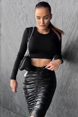 Black Faux Leather Ruched Skirt - Bayler-Skirts