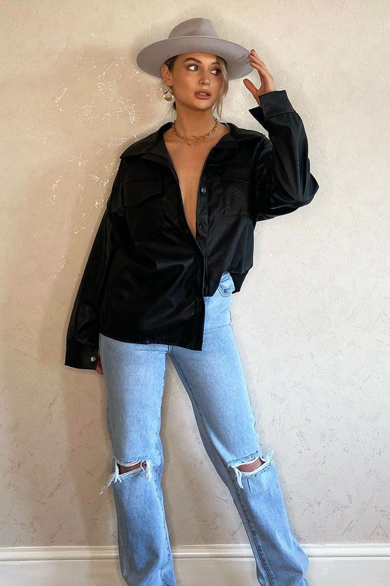 Black Faux Leather Shacket - Leiyah-Shacket