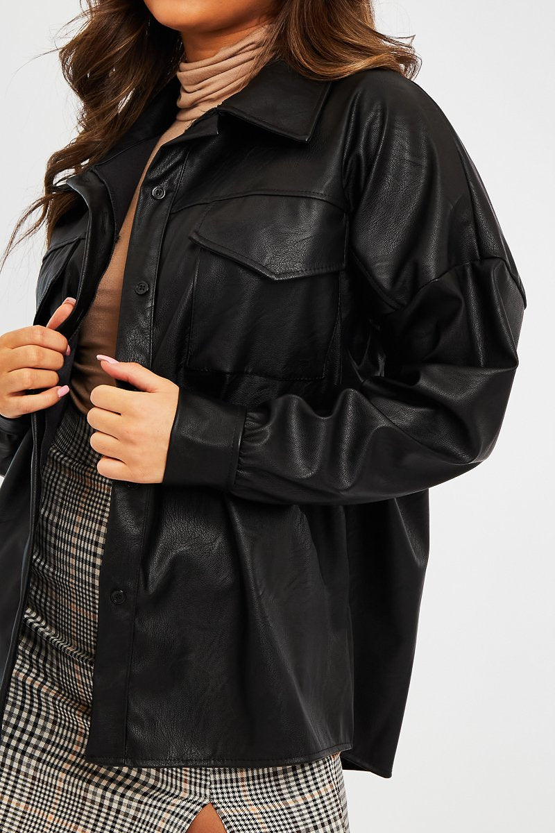 Black Faux Leather Shacket - Leiyah-Shacket