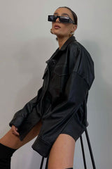 Black Faux Leather Shacket - Leiyah-Shacket