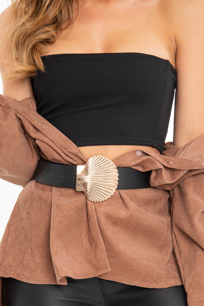Black Faux Leather Shell Buckle Belt - Janna-Belts