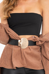 Black Faux Leather Shell Buckle Belt - Janna-Belts