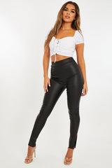 Black Faux Leather Side Split Leggings - Katiana-Leggings