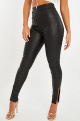 Black Faux Leather Side Split Leggings - Katiana-Leggings
