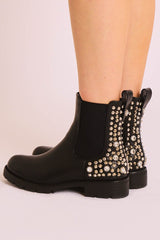 Black Faux Leather Silver Studded Chelsea Boots - Katelin-Boots