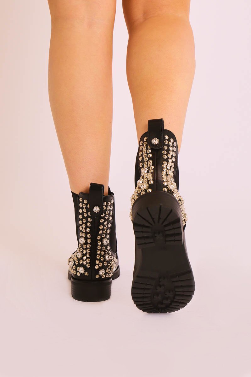 Black Faux Leather Silver Studded Chelsea Boots - Katelin-Boots