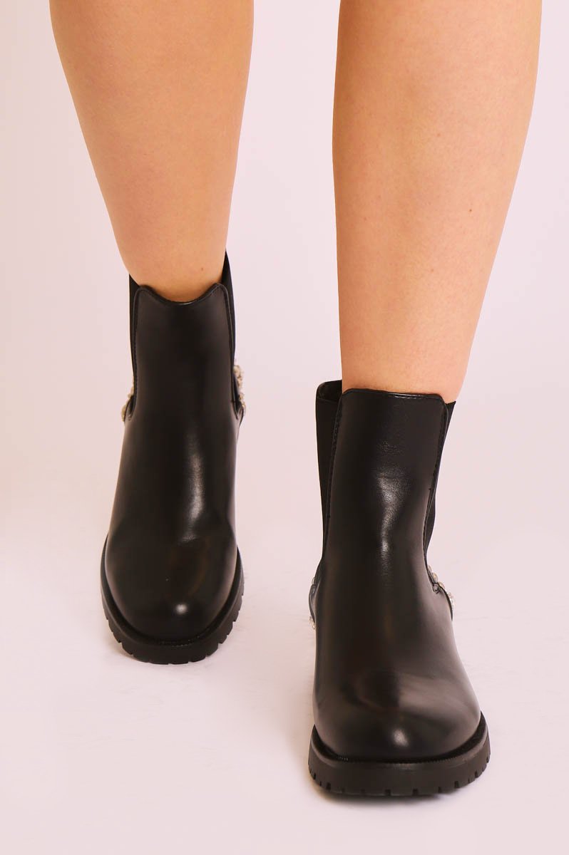 Black Faux Leather Silver Studded Chelsea Boots - Katelin-Boots