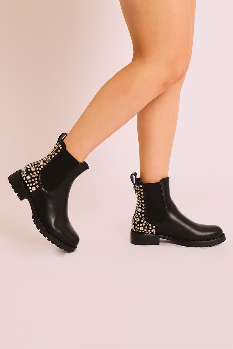 Black Faux Leather Silver Studded Chelsea Boots - Katelin-Boots