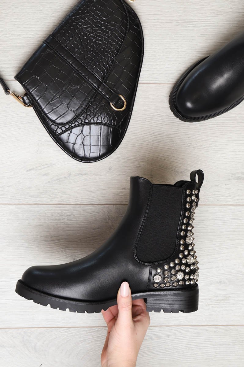 Black Faux Leather Silver Studded Chelsea Boots Katelin