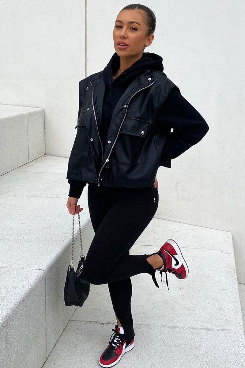 Black Faux Leather Sleeveless Gilet Jacket - Kierstan-Jackets
