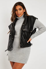 Black Faux Leather Sleeveless Gilet Jacket - Kierstan-Jackets