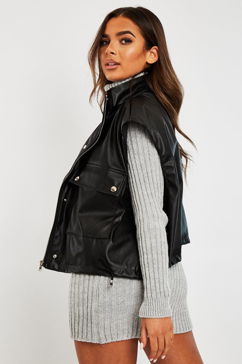 Black Faux Leather Sleeveless Gilet Jacket - Kierstan-Jackets