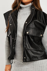 Black Faux Leather Sleeveless Gilet Jacket - Kierstan-Jackets