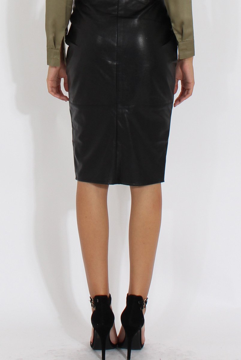 Black Faux Leather Split Hem Midi Skirt - Kendra-Skirts