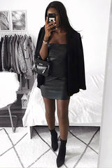 Black Faux Leather Strapless Dress - Karah-Dresses