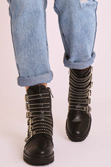 Black Faux Leather Stud Buckle Strap Ankle Boots - Lelani-Boots