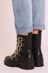 Black Faux Leather Stud Buckle Strap Ankle Boots - Lelani-Boots