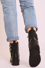 Black Faux Leather Stud Buckle Strap Ankle Boots - Lelani-Boots