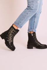 Black Faux Leather Stud Buckle Strap Ankle Boots - Lelani-Boots
