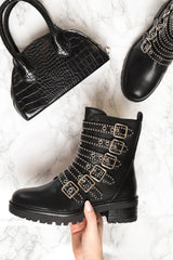 Black Faux Leather Stud Buckle Strap Ankle Boots - Lelani-Boots