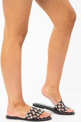 Black Faux Leather Studded Cage Slip On Sandals - Yamina-Sandals