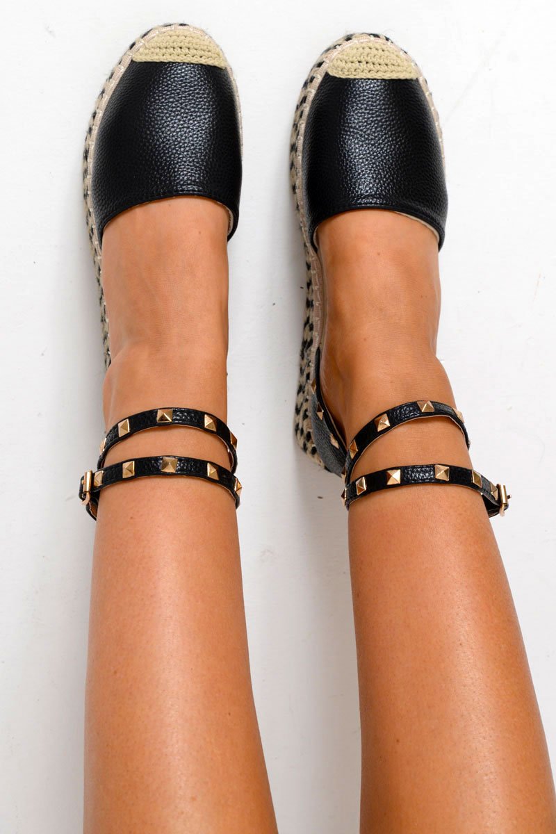 Black Faux Leather Studded Espadrille Flatforms - Elara-Wedges
