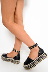 Black Faux Leather Studded Espadrille Flatforms - Elara-Wedges