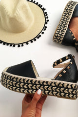 Black Faux Leather Studded Espadrille Flatforms - Elara-Wedges