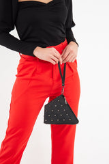 Black Faux Leather Studded Wrist Strap Bag - Nicoletta-Bags