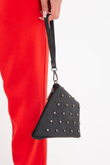 Black Faux Leather Studded Wrist Strap Bag - Nicoletta-Bags