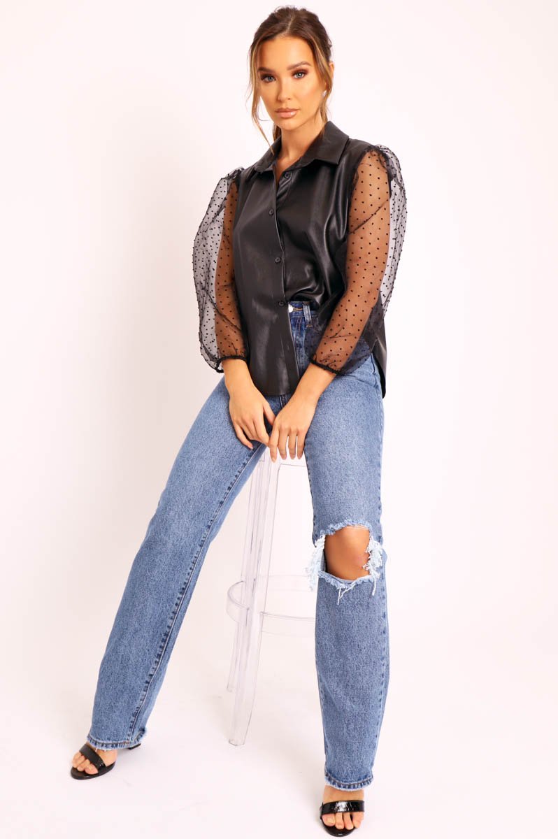 Black Faux Leather Swiss Dot Organza Sleeve Shirt - Roe-Shirts