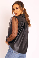 Black Faux Leather Swiss Dot Organza Sleeve Shirt - Roe-Shirts