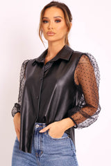 Black Faux Leather Swiss Dot Organza Sleeve Shirt - Roe-Shirts