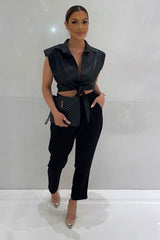 Black Faux Leather Tie Shoulder Pad Shirt - Cristina-Shirts