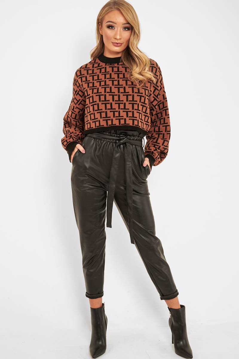 Black Faux Leather Tie Waist Tapered Trousers - Calina-Trousers