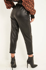 Black Faux Leather Tie Waist Tapered Trousers - Calina-Trousers