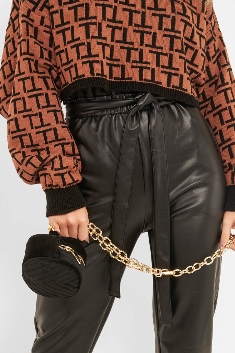 Black Faux Leather Tie Waist Tapered Trousers - Calina-Trousers