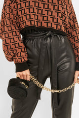 Black Faux Leather Tie Waist Tapered Trousers - Calina-Trousers