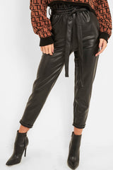 Black Faux Leather Tie Waist Tapered Trousers - Calina-Trousers