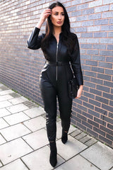 Black Faux Leather Utility Belt Boilersuit - Marlo-Jumpsuits