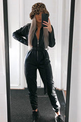 Black Faux Leather Utility Belt Boilersuit - Marlo-Jumpsuits