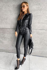 Black Faux Leather Utility Belt Boilersuit - Marlo-Jumpsuits